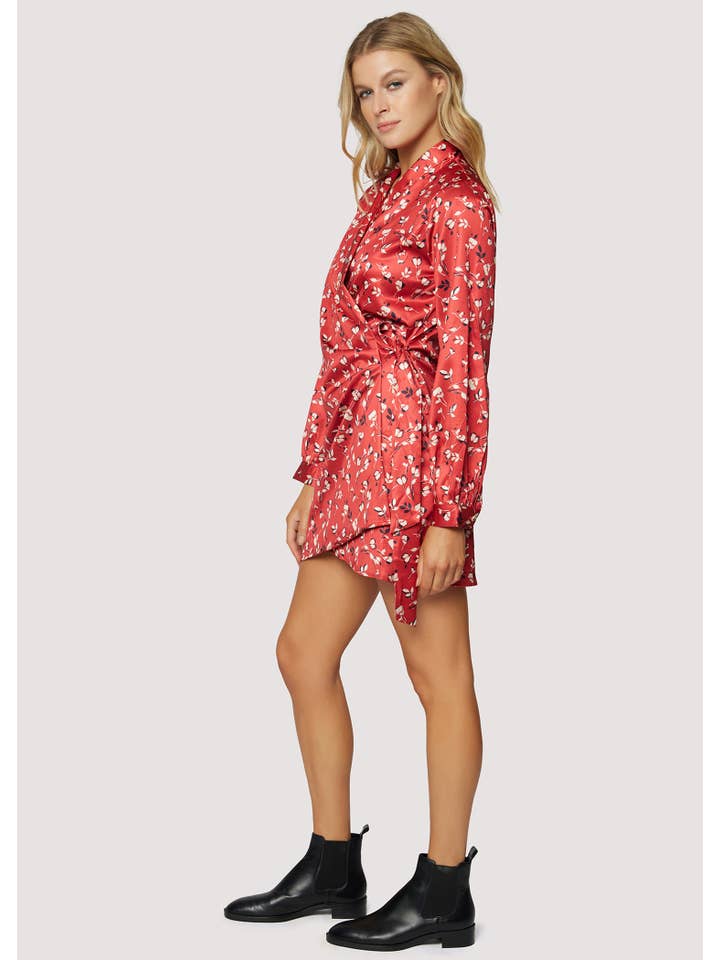 Falling In Love Mini Dress - Red Satin Floral Waist Tie for wholesale on Faire