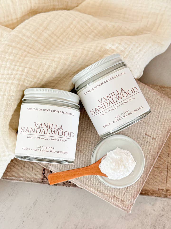 Vanilla Sandalwood Coco-Aloe & Shea Whipped Body Butters for wholesale by Spirit Glow Home & Body Essentials