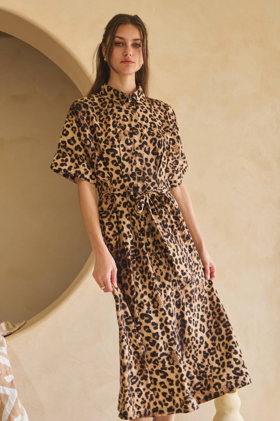 Brown Leopard Animal Printed Button Down Shirt Dress for wholesale on Faire3