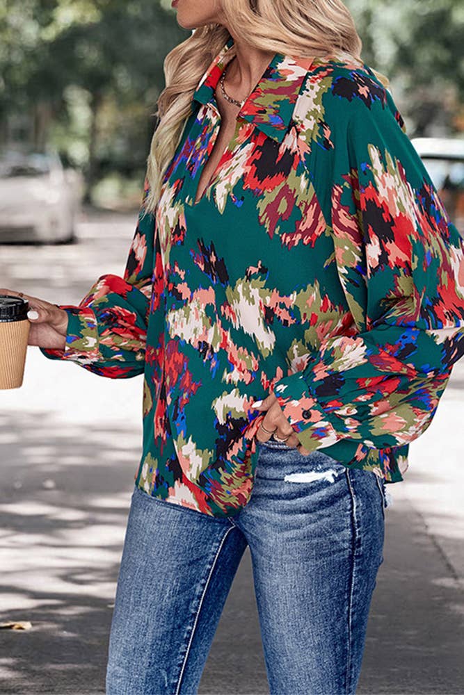 Dark Green Boho Style V Neck Abstrack Print Blouse Top CF-BFZY671 for wholesale on Faire2