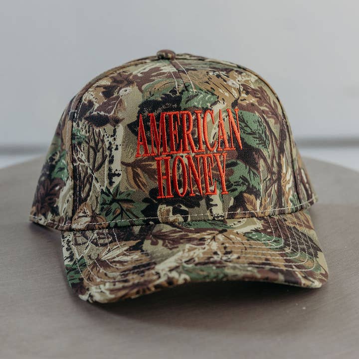American Honey Camo Embroidered Vintage Trucker Hat for wholesale by The Babe Co.