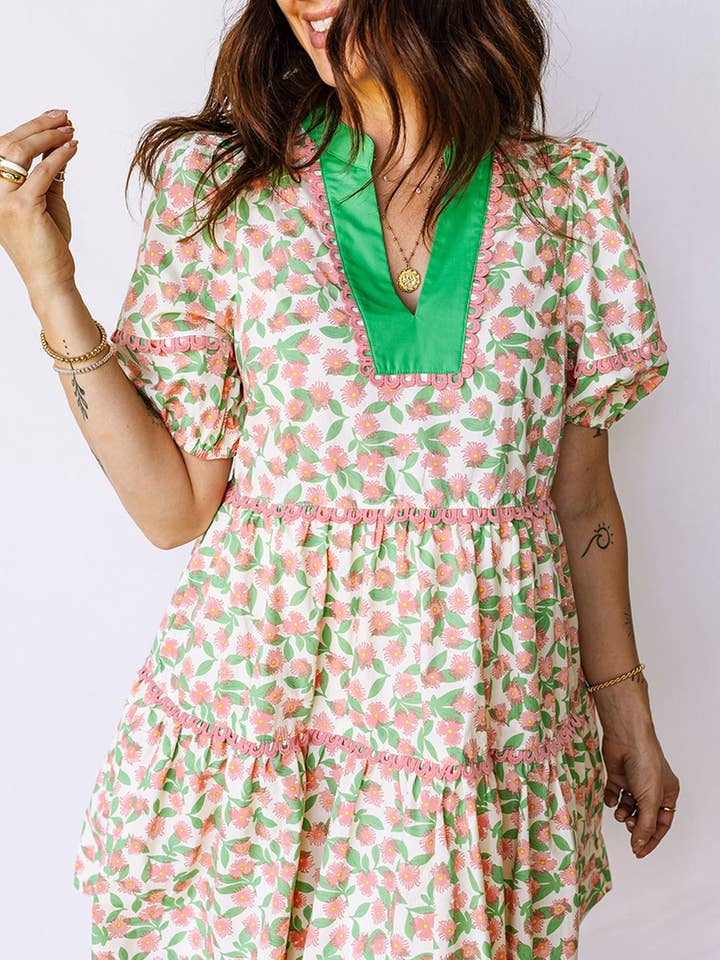 Green Contrast Neckline Ricrac Trim Floral Short Puff Sleeve Dress for wholesale by Sweet Lover Fashion