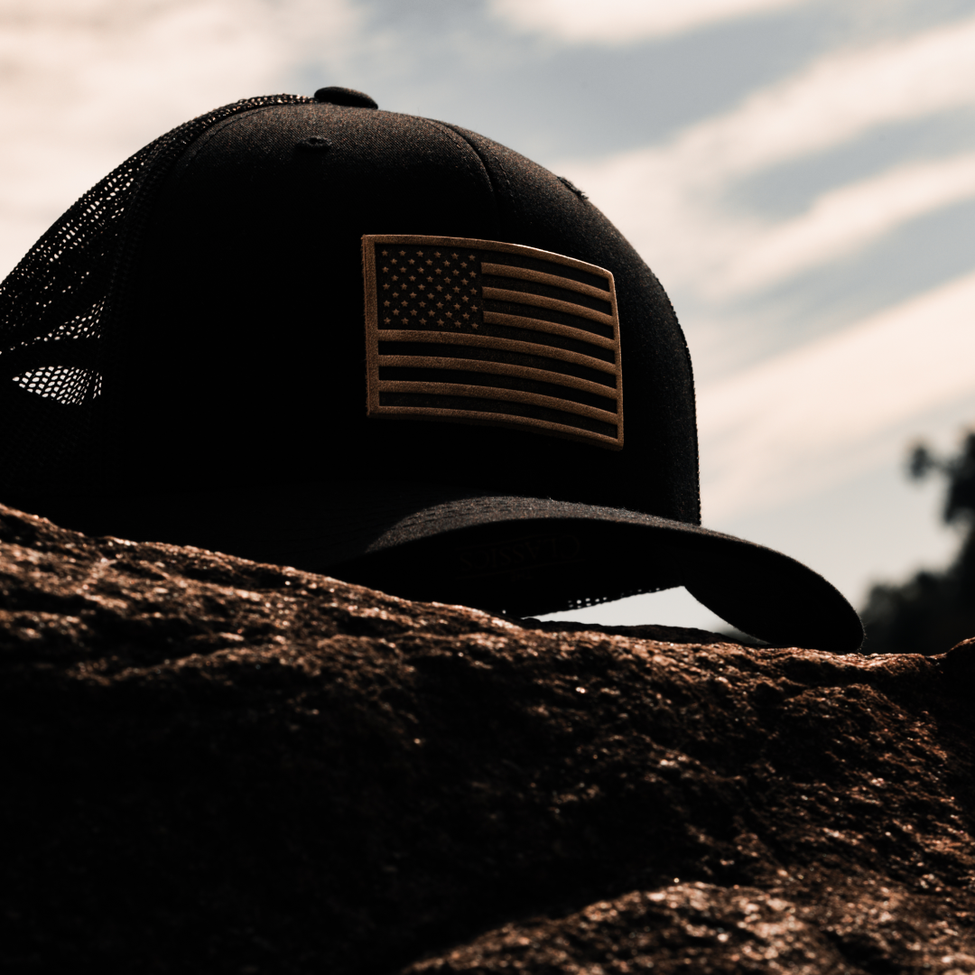Range Leather Co. - Wholesale Trucker Hat - Unisex - American Flag Hat - Leather Patch Trucker Snapback10