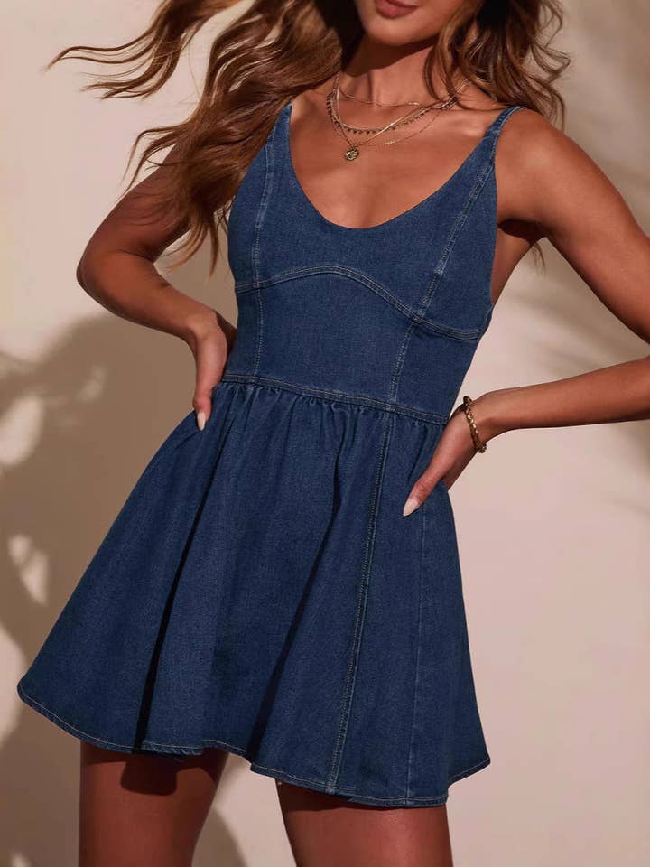 Deep Blue Chic Summer Boho High Waist Denim Maxi Dress 8993 for wholesale on Faire
