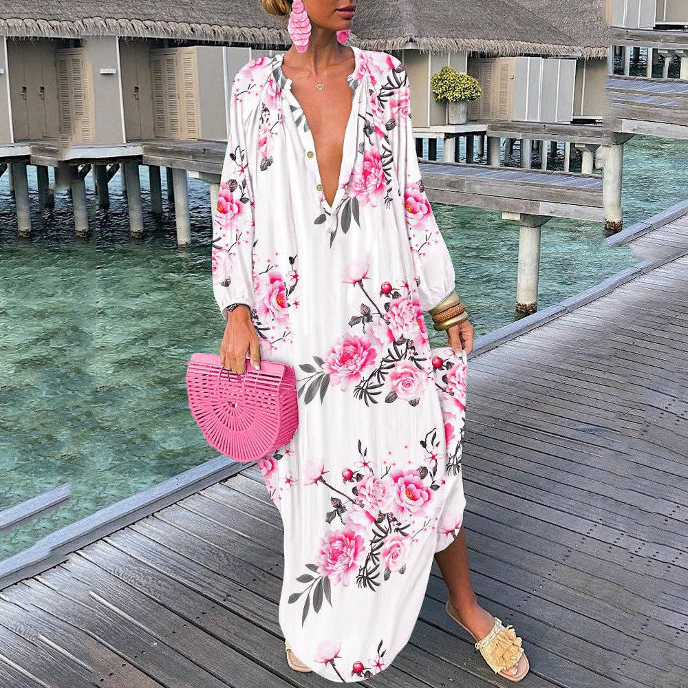 SALINA TRADING INC - Wholesale Dress - Women's - Women Bohemian Elegant Vintage Long Sleeve Button Loose Big V Neck Dress2