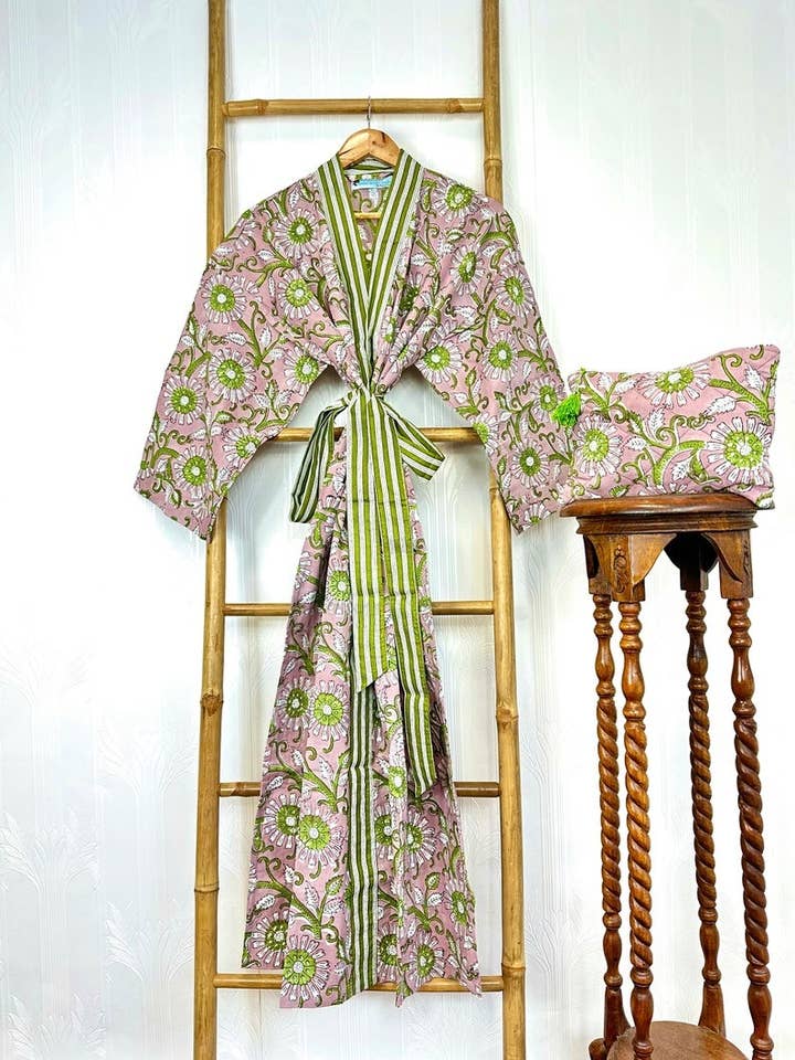 Essential Designs London - Vendita all'ingrosso Kimono - Donna - Vestaglia estiva in puro cotone con stampa indiana a blocchi, con stampa a blocchi, motivo floreale, copricostume da spiaggia, comodo, blu, rosa, verde, Gardenia Blossom Summer Dream