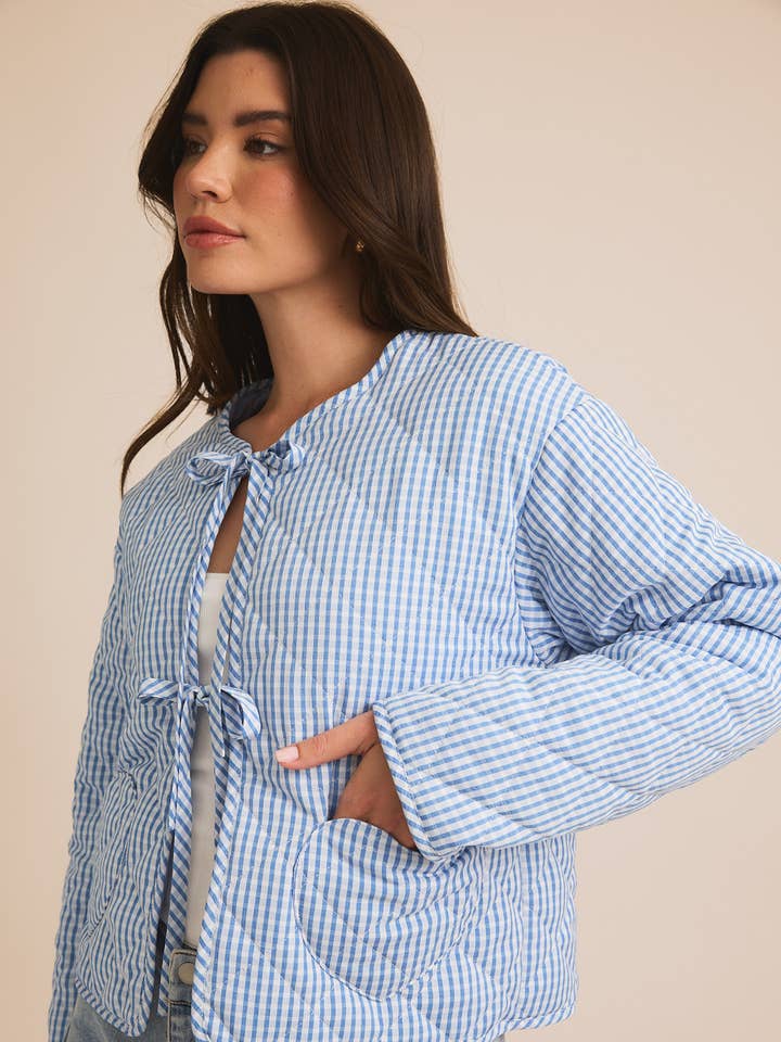 BLUE WHITE GINGHAM FRONT TIE QUILT JACKET for wholesale on Faire