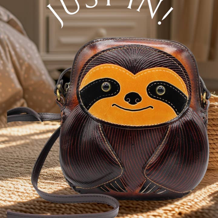 Handmade leather sloth cross-body purse handbag for wholesale by Sunflower Handmade leather inc