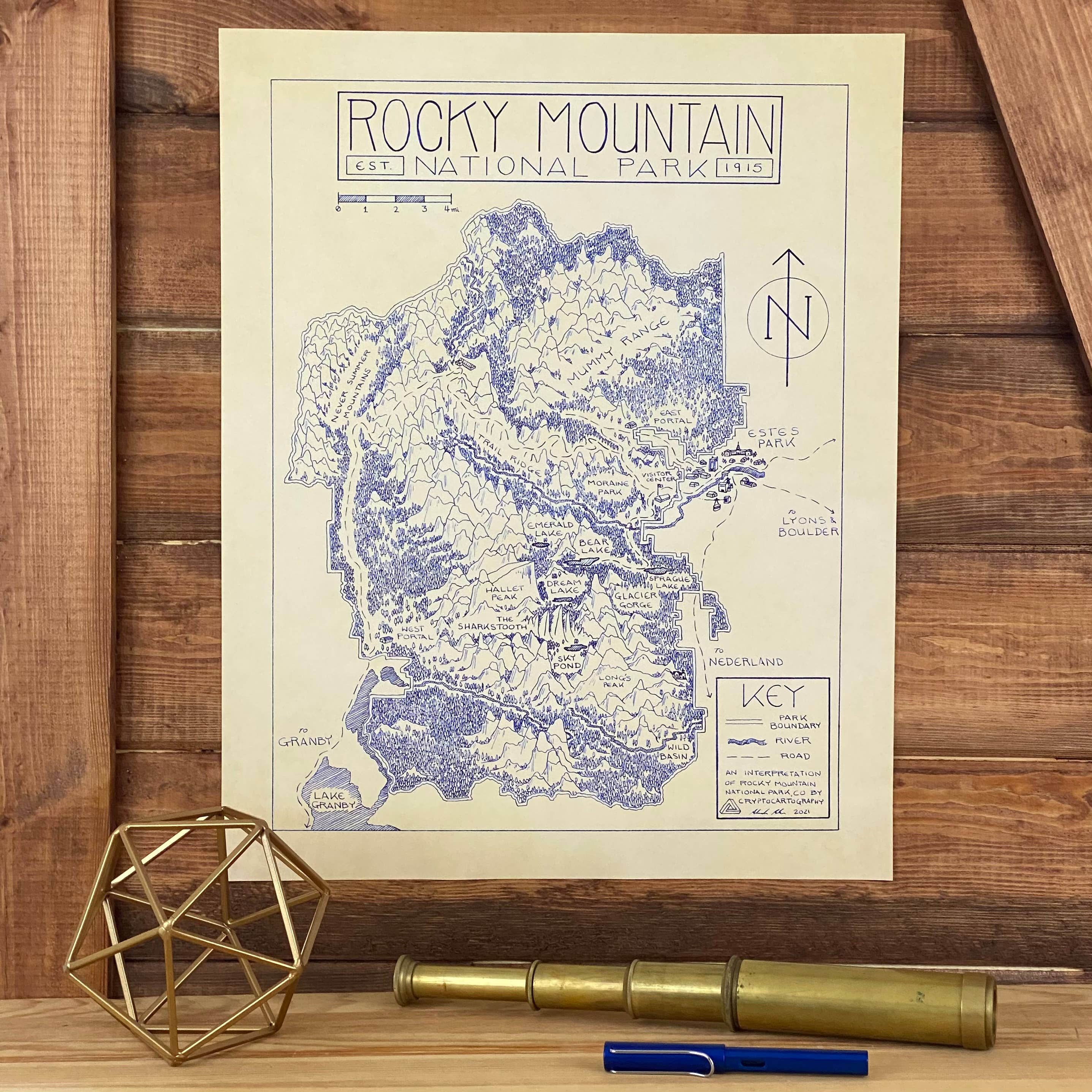 Cryptocartography - Wholesale Art Print - Rocky Mountain National Park Hand-Drawn Map Print0