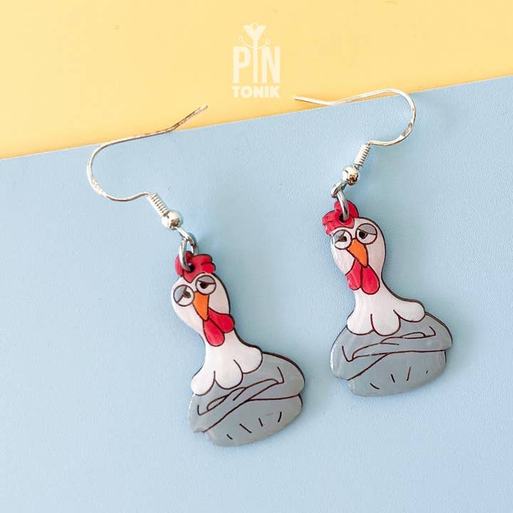PinTonik - Wholesale Dangle Earrings - Chicken Hen Dangle Earrings in Wood and Sterling Silver2