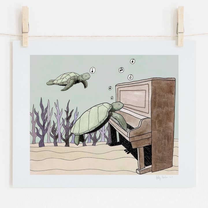 "The Sunken Piano" sea turtle print for wholesale by Sadly Harmless Illustration