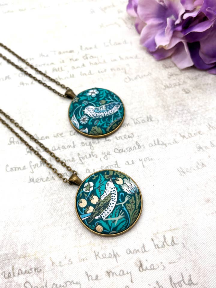 Teal and gold Strawberry Thief Pendant - gold strawberries for wholesale by Bowerbird Jewellery