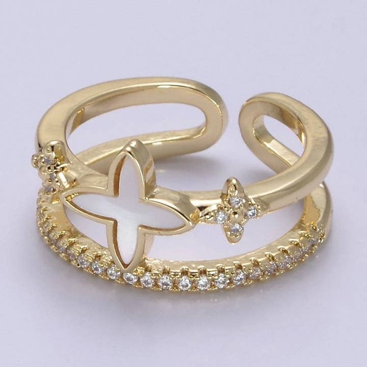 Gold Pearl Clover ring, Cubic Adjustable CZ Double Band ring, Dainty Gold minimalist jewelry Open Adjustable Ring U-481 for wholesale by Aim Eternal