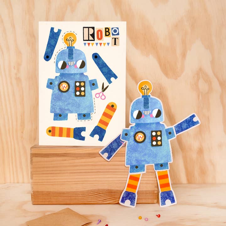 Robot Split Pin Puppet A5 fødselsdagskort for engroshandel hos Emily Nash Illustration Greeting Cards