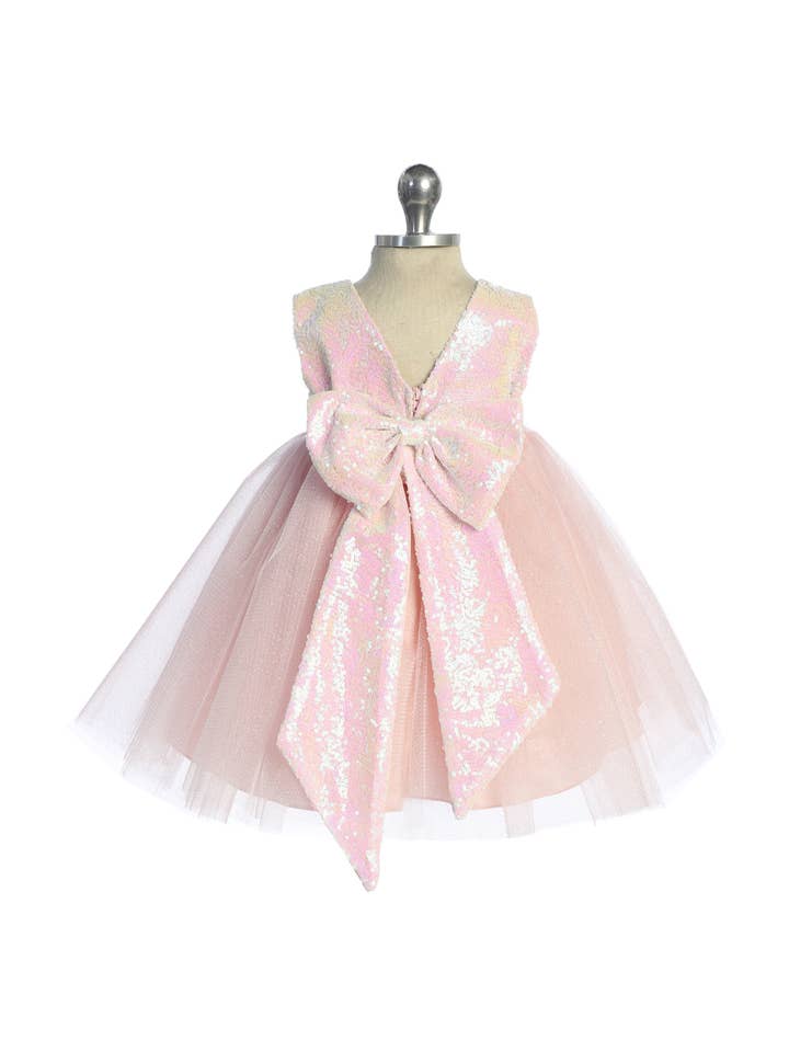 Pink Iridescent Pink/Iridescent Sequins V Back & Bow Baby Dress for wholesale on Faire1