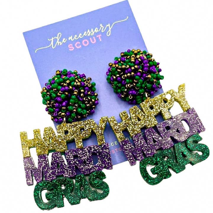 Boucles d'oreilles Joyeux Mardi Gras pour la vente par THE ACCESSORY SCOUT