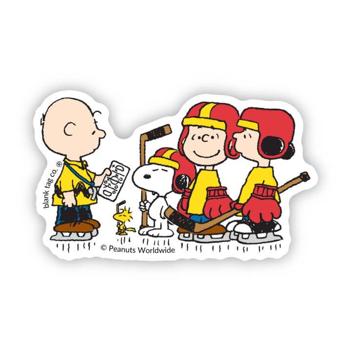 Peanuts® Peanuts Gang Playing Hockey Waterproof Sticker for wholesale by Blank Tag Co. Stickers - Waterproof Stickers