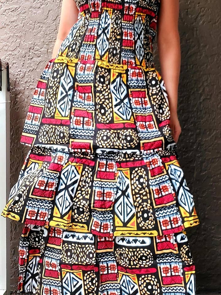 Woman Long Smock Ruffled Dress/ African Print for wholesale by India Batik