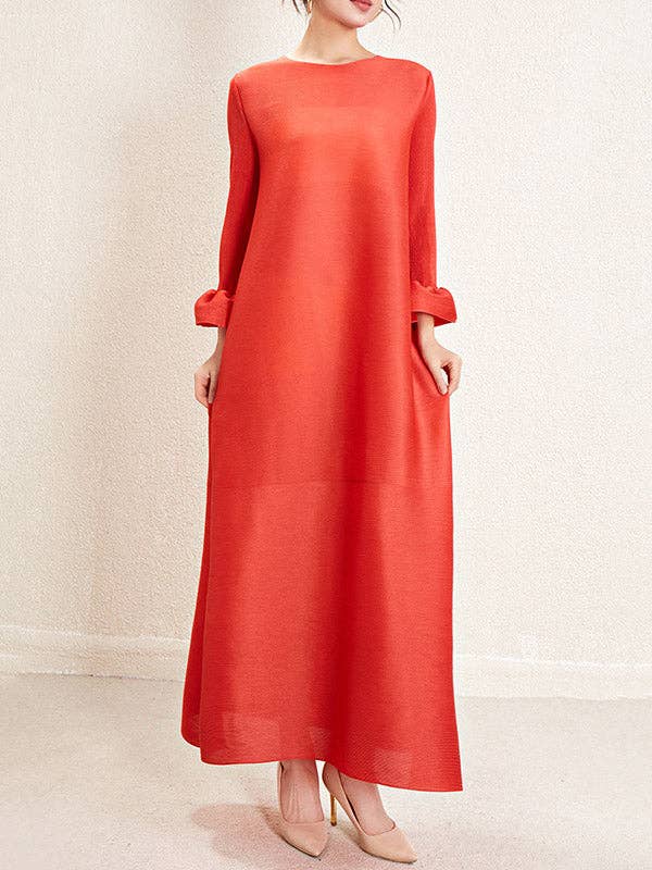 Sheer Trend - Wholesale Dress - Women's - A-Line Loose Pleated Solid Color Round-Neck Maxi Dresses8