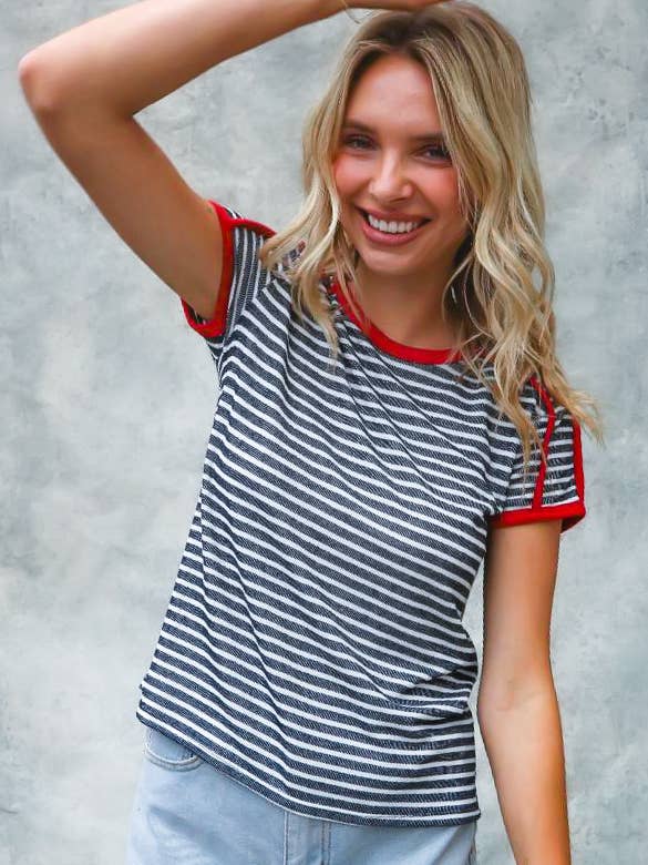 NAVY WHITE PLUS RINGER PIPED TRIM SHORT SLEEVE KNIT TOP for wholesale on Faire