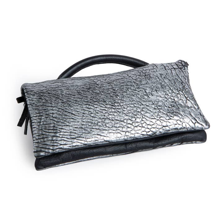 Jazmine Silver Portofino With Black Leather Messenger Clutch for wholesale by Viva Bags of California