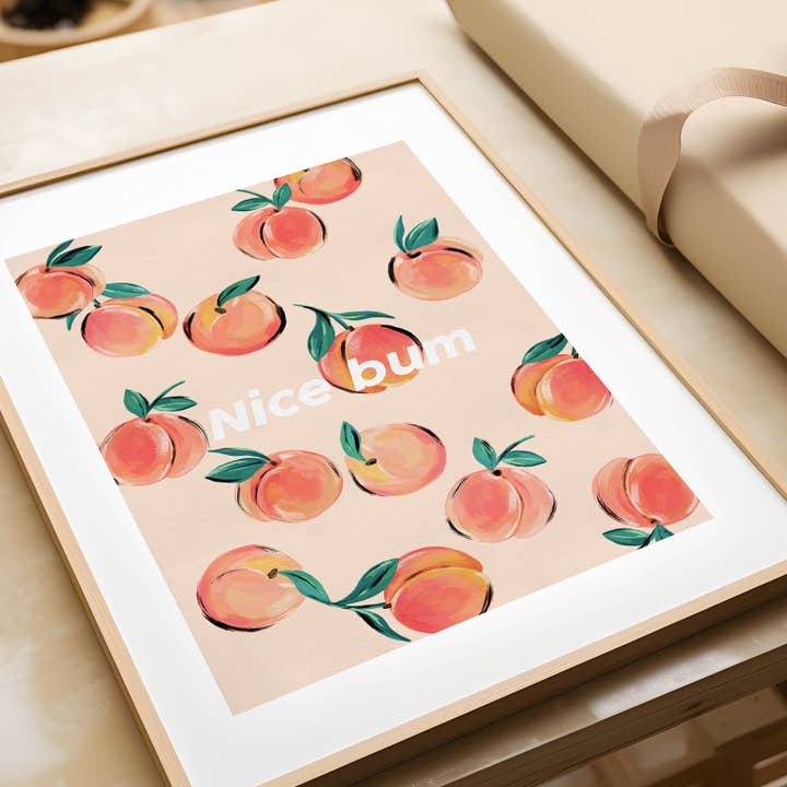 Nice Bum Art print- Unique & Fun Peach Fruit Illustration for wholesale by Elizabeth Rachael