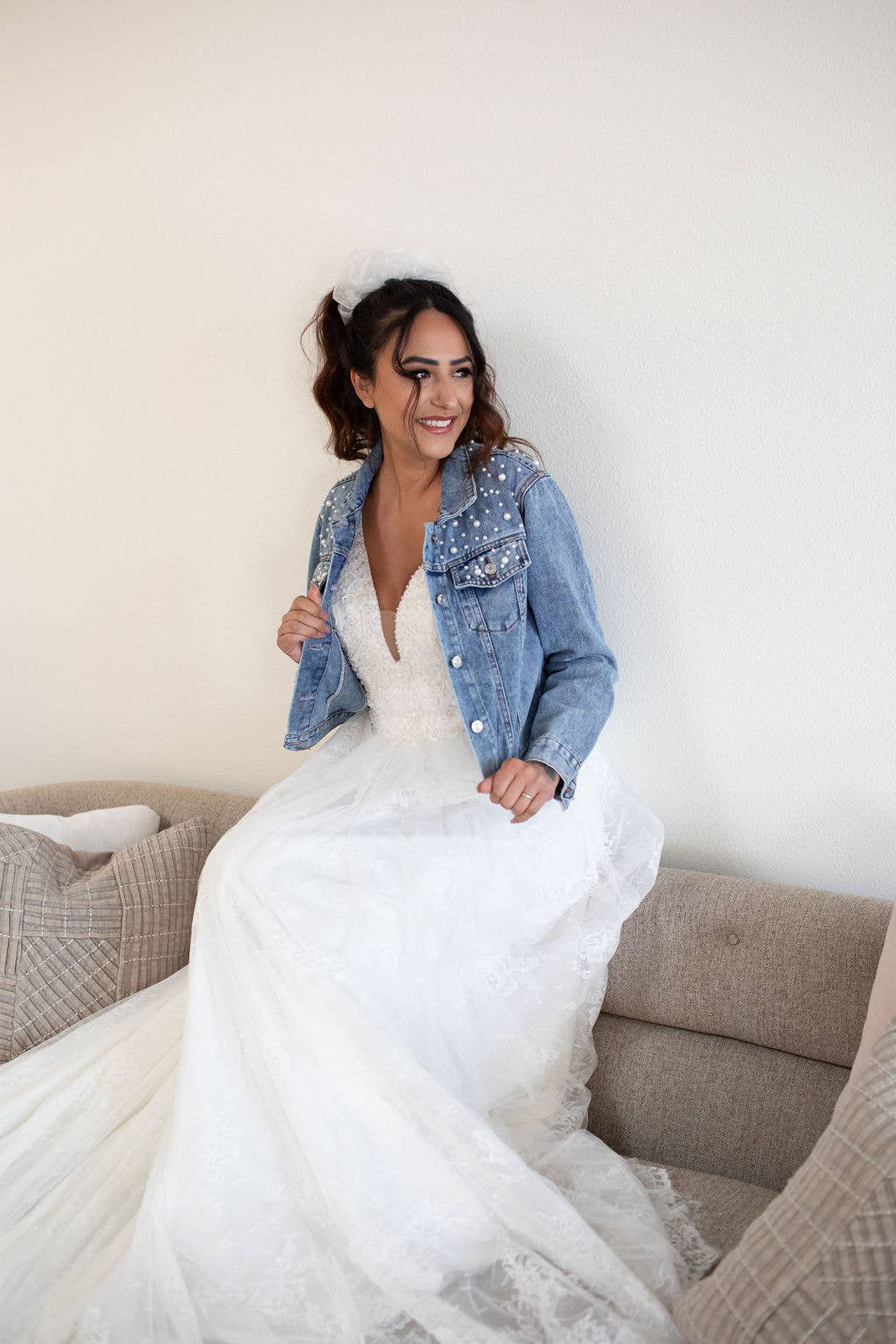 Blue Personalized Denim Pearl Bride Jacket for wholesale on Faire2