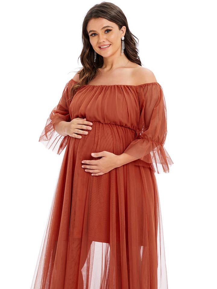 Ever-Pretty - Wholesale Dress - Maternity - Plus Size Puff Sleeves Mesh Maternity Dress6