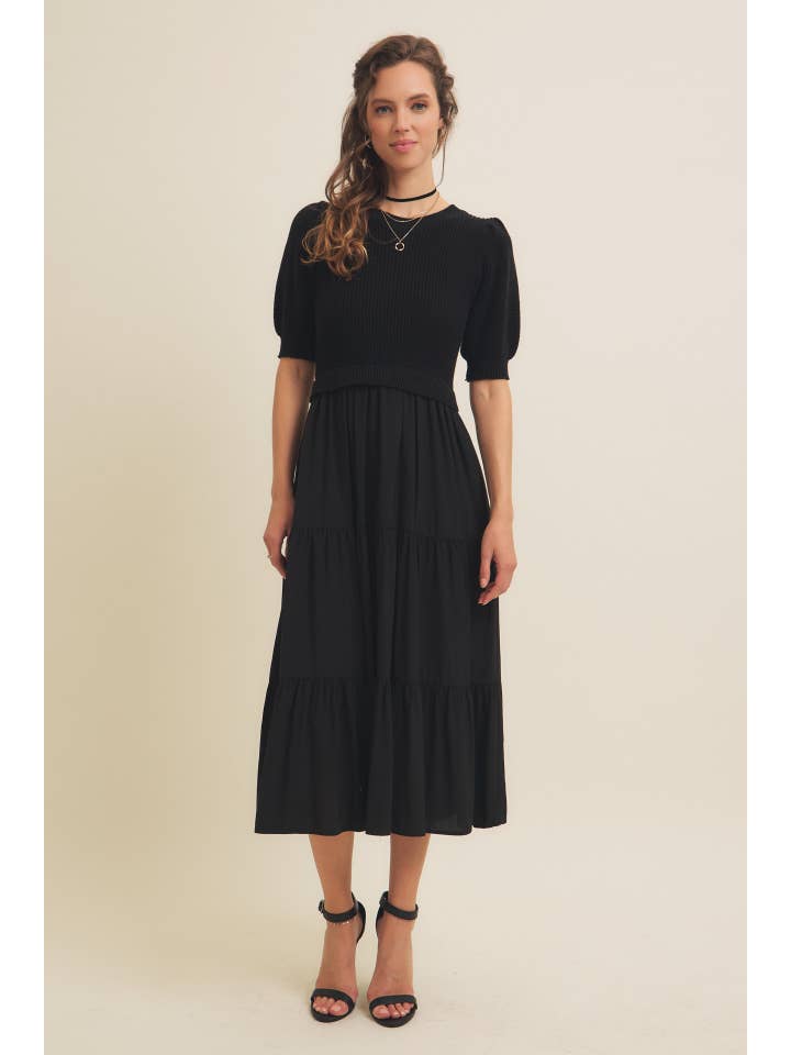 in february - Wholesale Dress - Women's - MIXED MEDIA SWEATER MIDI DRESS WITH WOVEN SKIRT