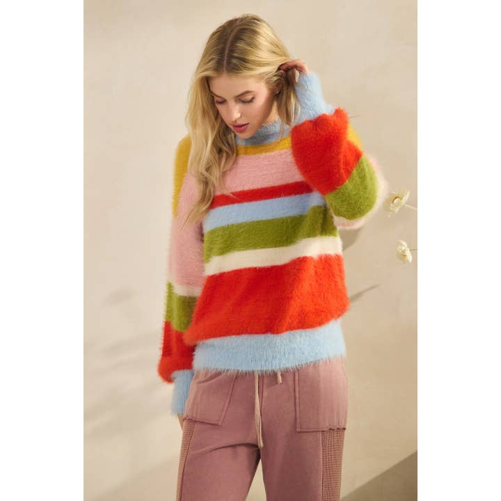Multi FUZZY RAINBOW STRIPE PULLOVER SWEATER (ST7440) for wholesale on Faire