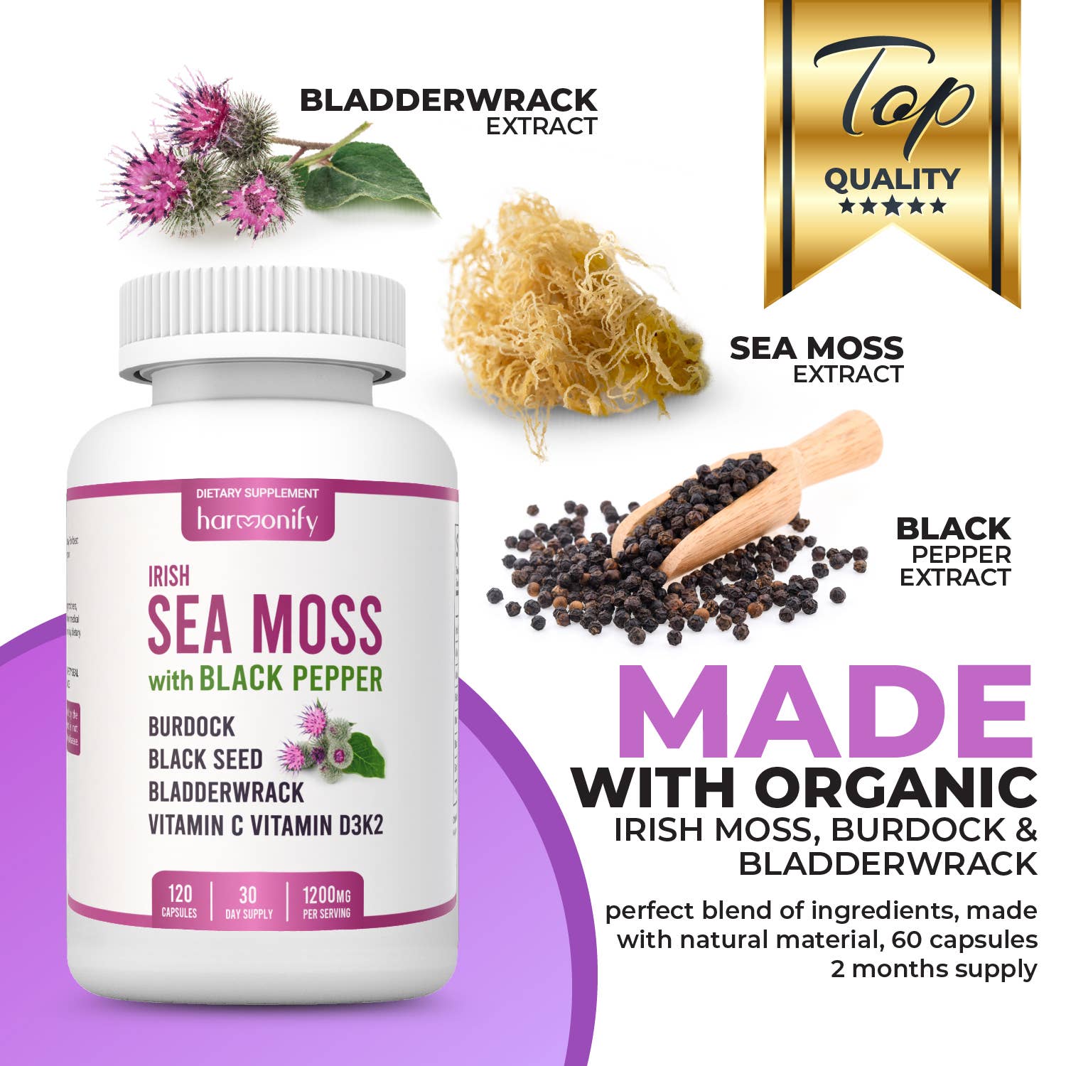 HARMONIFY - Wholesale Oral Supplement/Vitamin - Sea Moss Black Seed Burdock Bladderwrack Vitamin D3 & K2 3