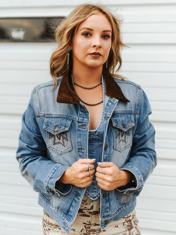 Vintage Mid Wash Aztec Denim Jacket Corduroy Collar for wholesale by LUCKY & BLESSED