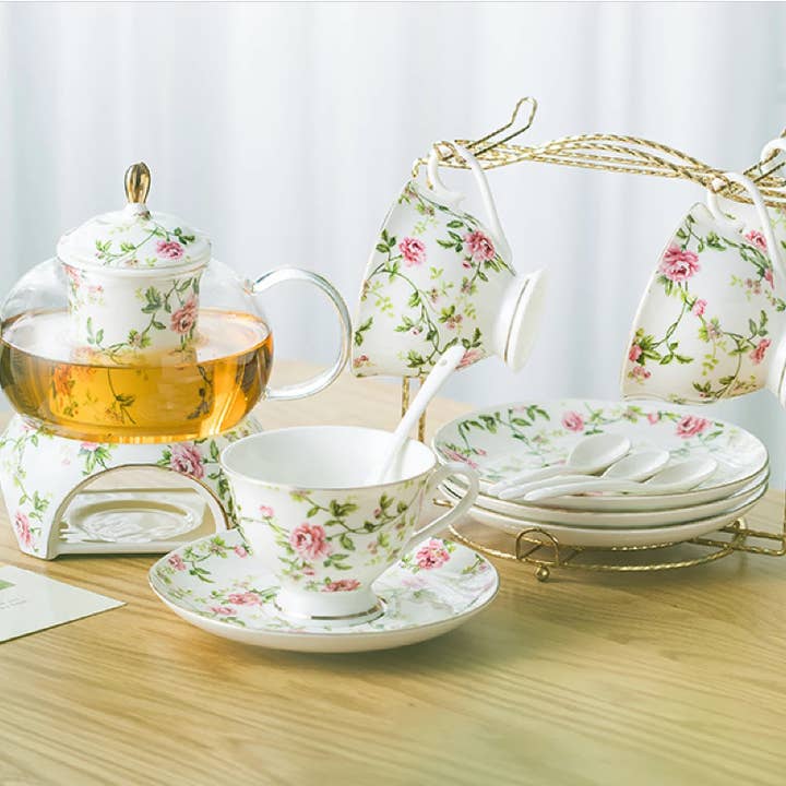 Green Pastures Wholesale - Wholesale Tea Set - 14K Rose & Flower Tea Set with Infuser