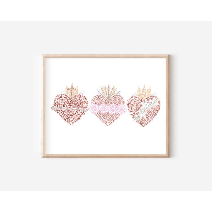 Holy Family Hearts - Catholic Calligraphy Art for wholesale by Abiding Light Designs
