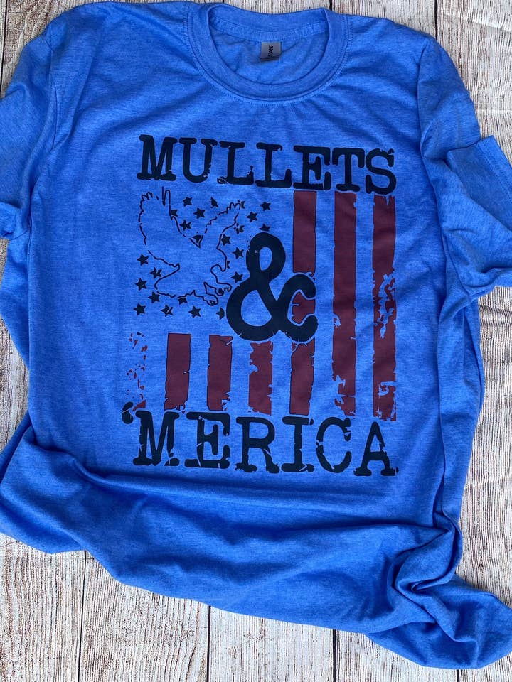 Mullets & 'Merica Patriotic Fourth of July Sublimated Tee for wholesale by Neat Creations