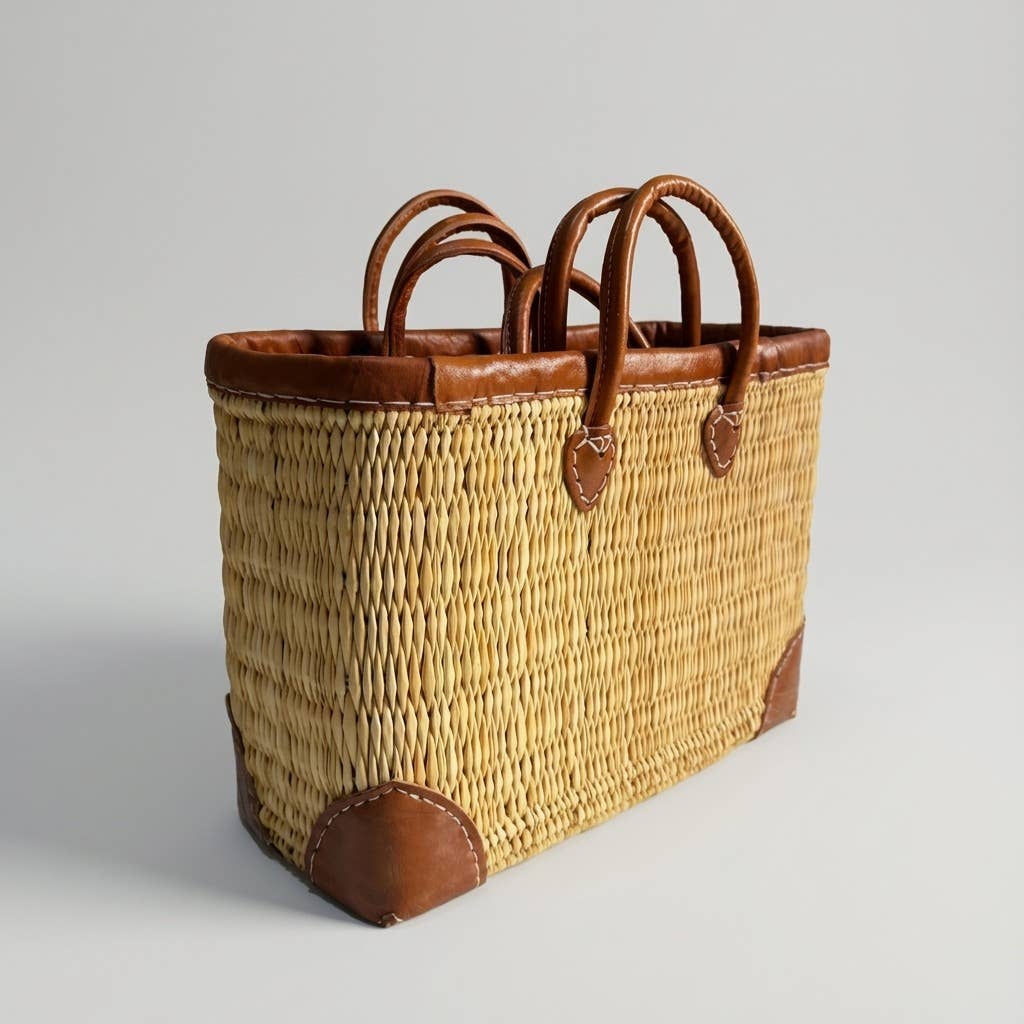 Melecraft - Vente Paniers - Panier de marché en roseau tissé de luxe avec garniture en cuir13