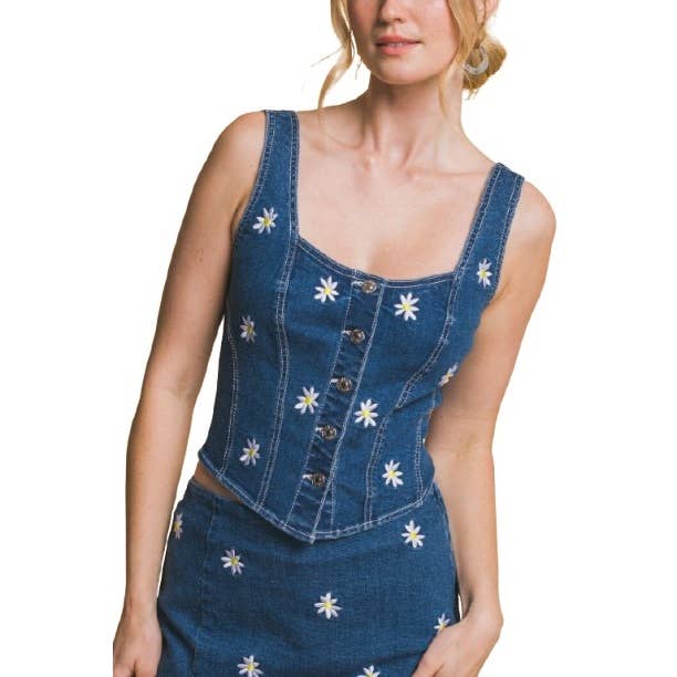 Square Neck Denim Top Playful Floral Charm with Button Front for wholesale by Blue Bunny Inc