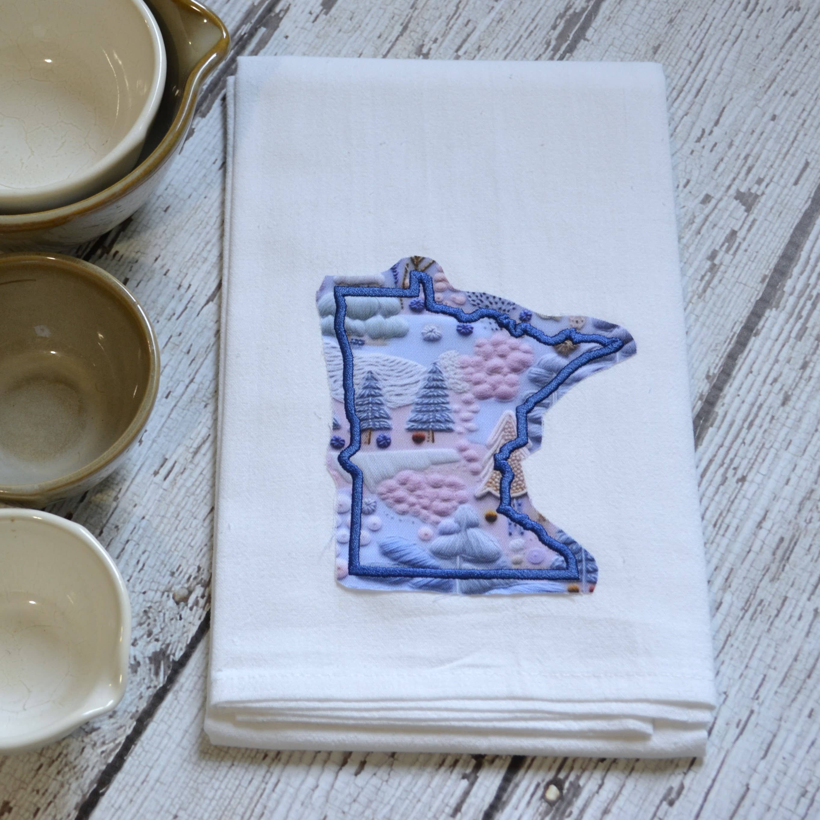 SewMuchMoreStore - Wholesale Tea Towel - LIMITED Winter Trees State Towel Embroidered-Raggy edge1