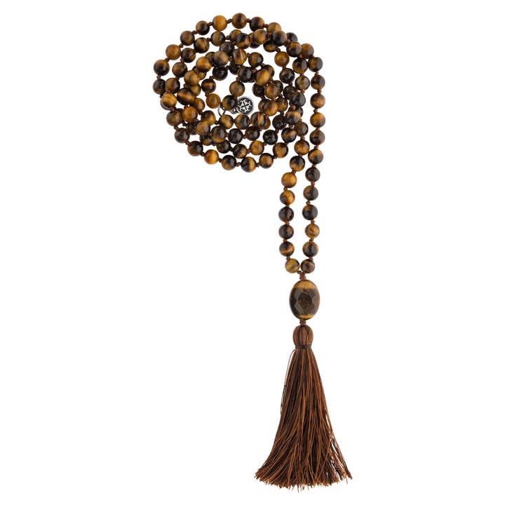 CORAGGIO: collana in mala annodata a mano con 108 perline calmanti effetto occhio di tigre (6 mm) per la vendita all'ingrosso da parte di Mala and Mantra