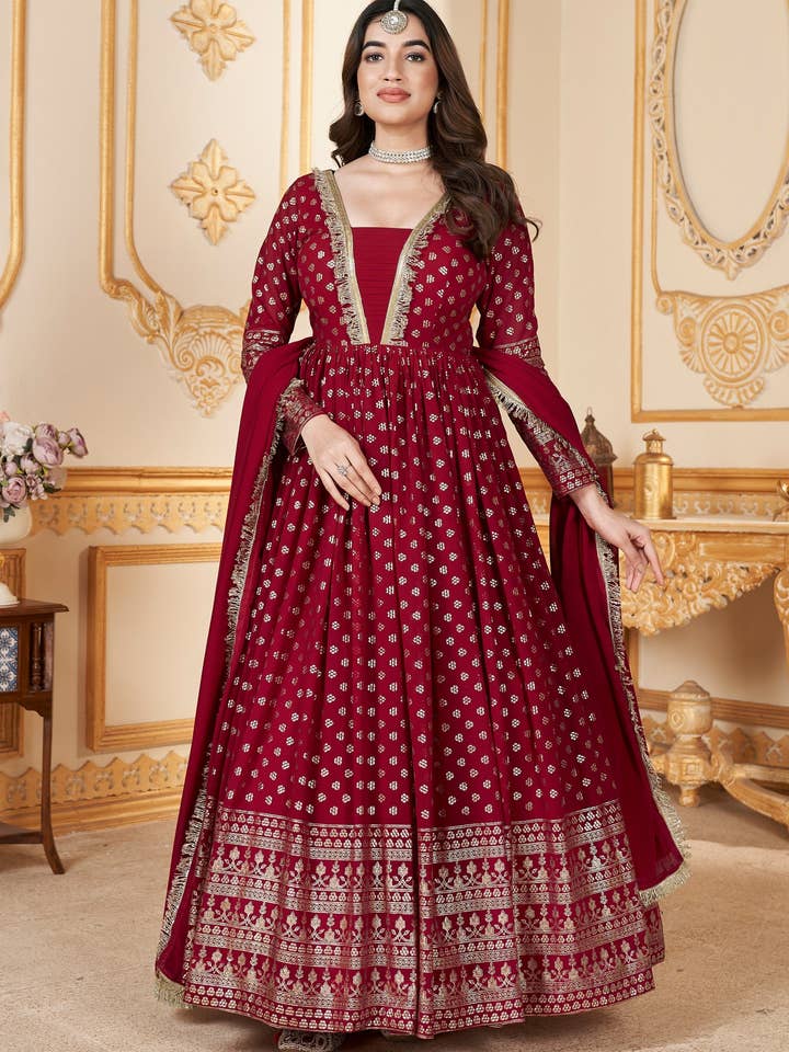 Red Georgette Anarkali Suit Indian Wedding Clothes For Guests - Metallic Foil Work for wholesale by HATKE BRIDE