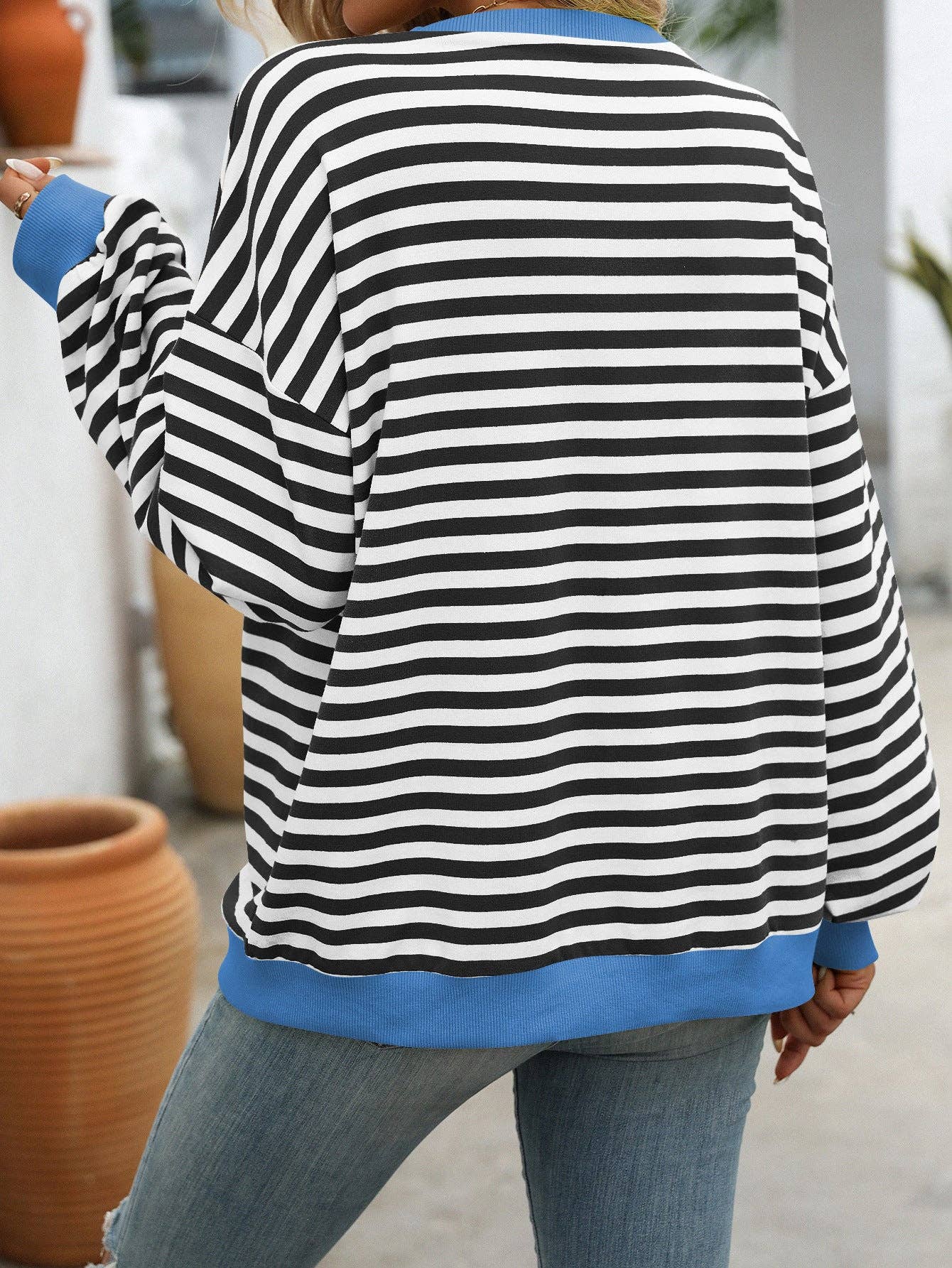 Lovesoft - Wholesale Sweatshirt - Women's - Women Color Striped Crew Neck Loose Sweatshirt Sweater11