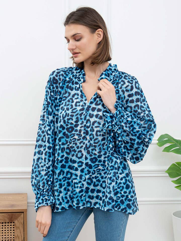 Blusa de Voile de Algodão Leopardo por atacado de Happy look