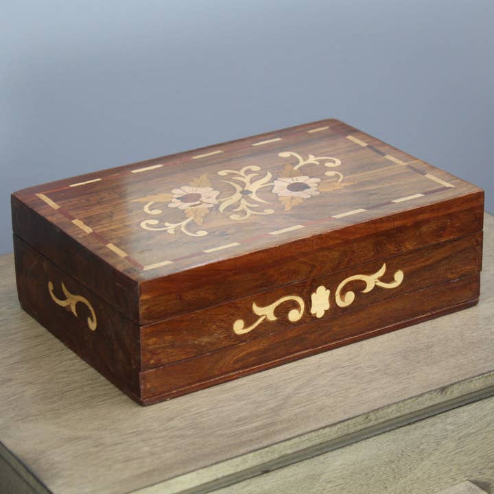 Handmade Rosewood Floral Wooden Decorative Box for wholesale by Natural Geo