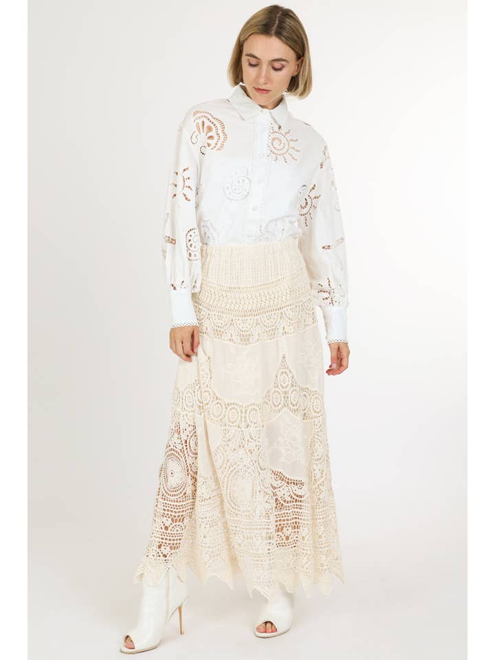 Natural Hollow Out Embroidered Net High-Waisted Maxi Skirt QM5006 for wholesale on Faire3