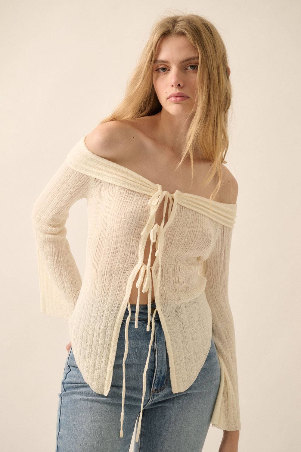 Promesa USA - Wholesale Cardigan - Women's - Ribbed Knit Off-Shoulder Tie-Front Cardigan2