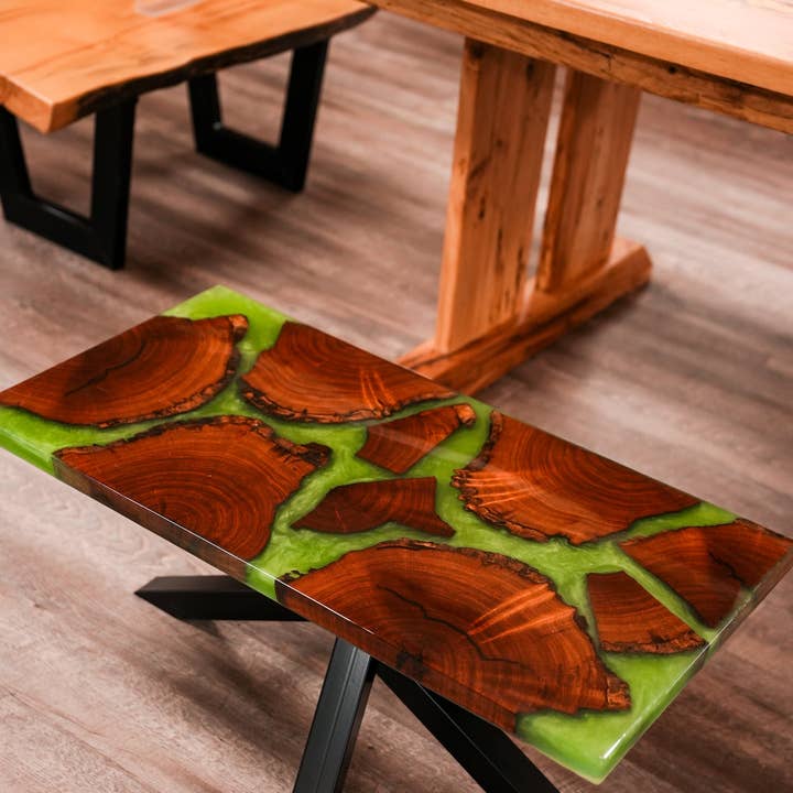 Green Wildwood Coffee Table with Black Criss Cross Legs for wholesale by Tin Roof Kitchen & Home