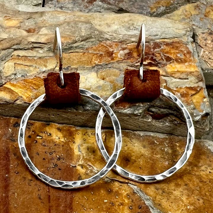 Rugged Hoop Earrings - Leather Accent Tobacco Brown for wholesale by Jules Artwear