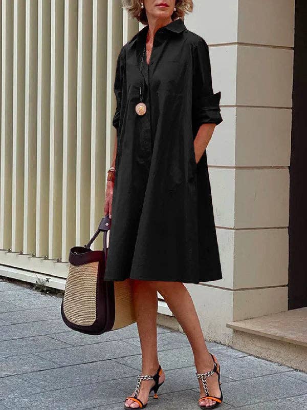 StyleGalX - Wholesale Dress - Women's - Simple Long Sleeves Solid Color Lapel Midi Dress5