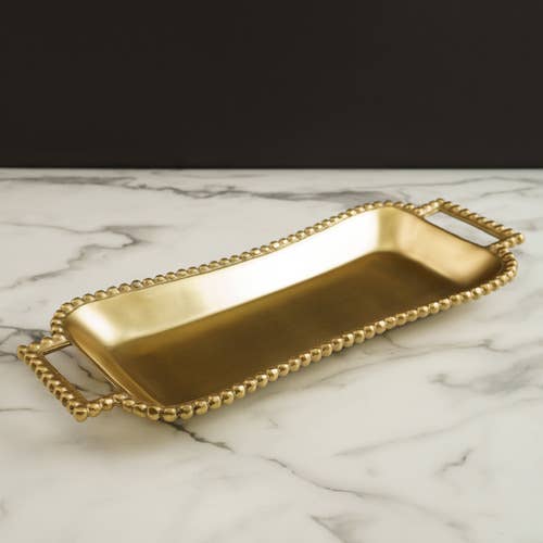 India Handicrafts Inc - Wholesale Decorative Tray - GOLD BEADED HANDLE ROUNDED RECTANGLE TRAY