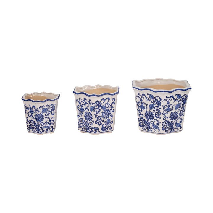 Sagebrook Home - Wholesale Plant Pot - Blue/White 8/10/12 in. Chinoiserie Dahlia Planter (Set of 3)